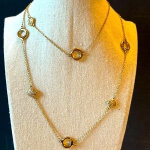 Perfect Vintage Crown Trifari 32” gold plated crystal  layering necklace EUC